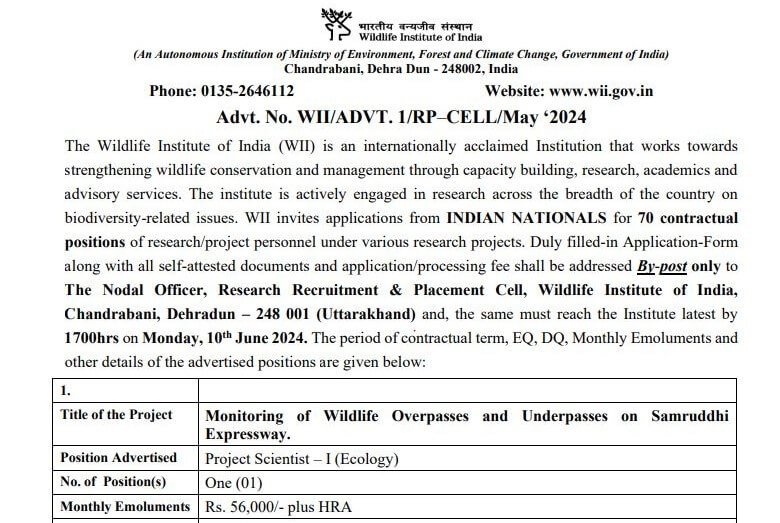 Geoinformatics, ESRI, Geospatial, Remote Sensing and GIS Jobs opening in Wildlife Institute of India (WII), Dehradun
